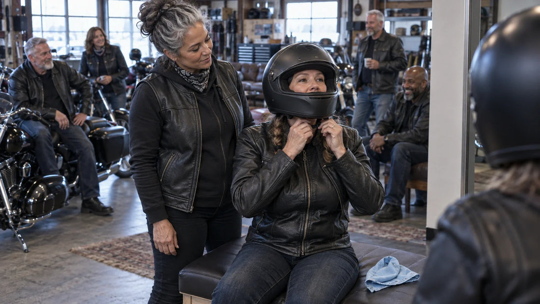 A motorcycle rider checks a helmet fit while a thin blue bandana rests separately on the fitting bench with mature club riders and multiple unbranded heavyweight V-twin cruisers.