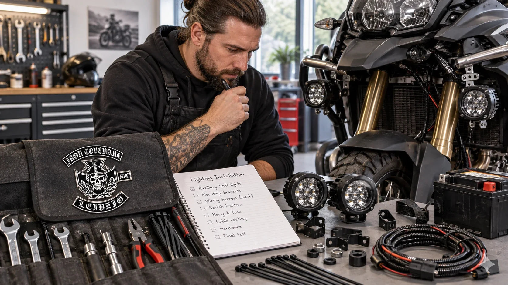Iron Covenant editorial scene illustrating motorcycle lighting installation planning, compatible lights, wiring, connectors, fuses, tools, aiming, testing and electrical safety: featured.