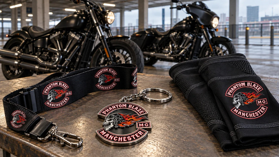 Phantom Blaze Manchester club lanyard, keychain and arm sleeves arranged for a Motorcycle Live group arrival.