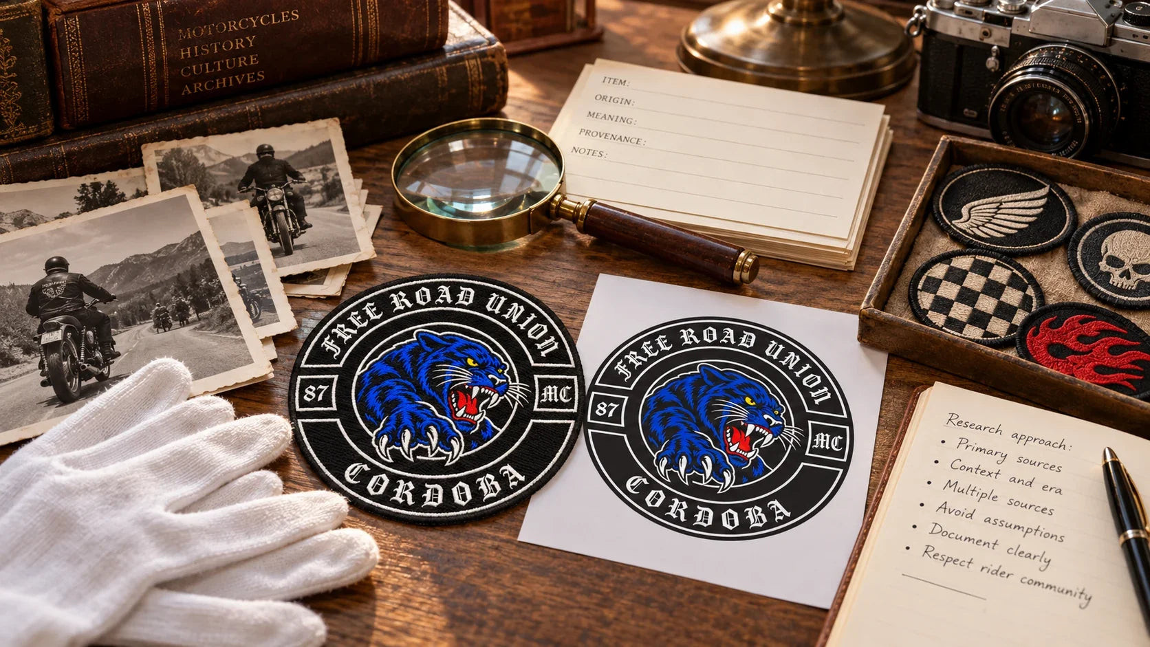 Free Road Union editorial scene illustrating motorcycle patch history, identity, remembrance, events, personal expression, club-specific meaning and responsible interpretation: featured.