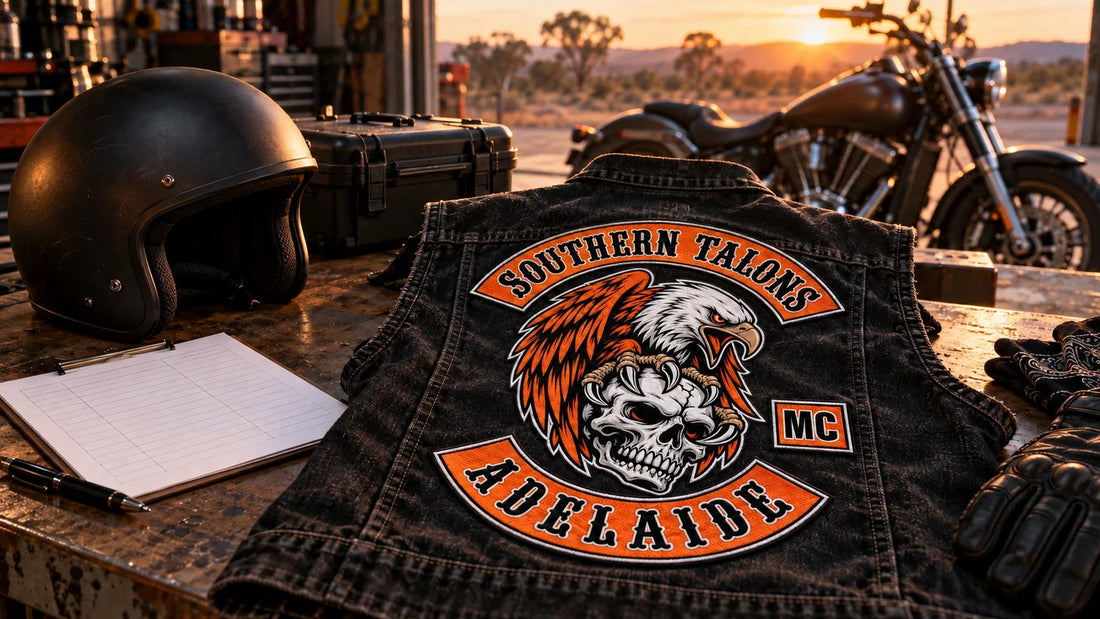 Southern Talons Adelaide back patch beside a rally photo-consent record kit and unbranded riding gear.