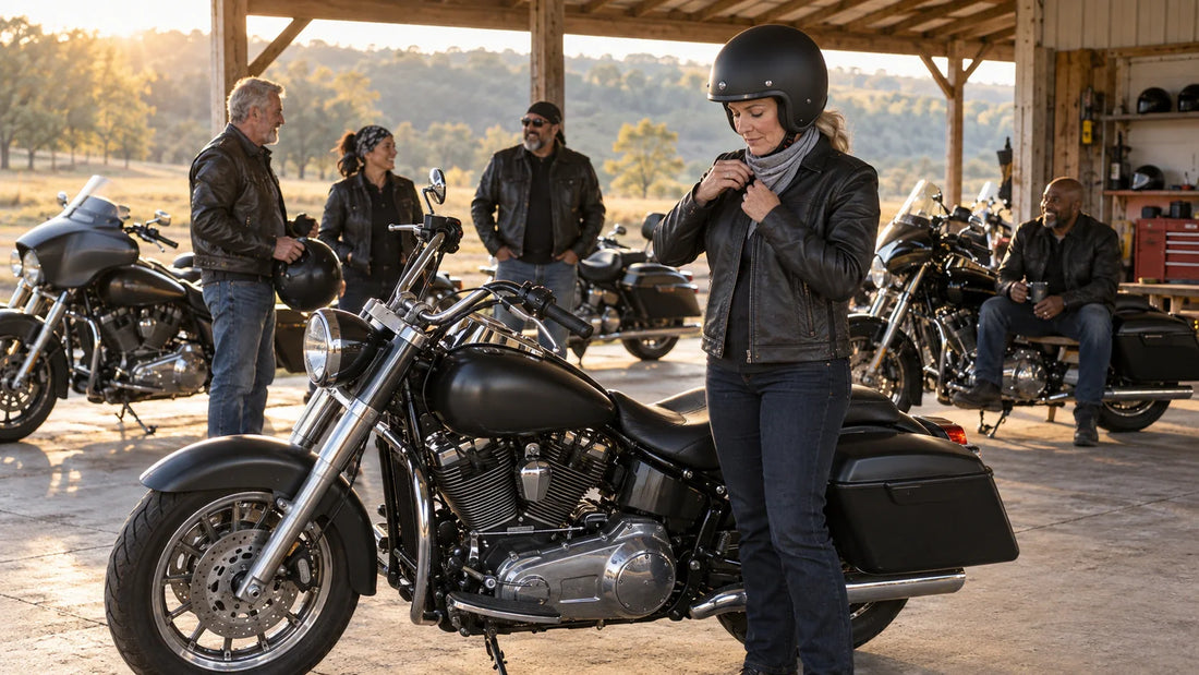 Motorcycle rider checking contained bandana ends and jacket closures beside a parked motorcycle with mature club riders and multiple unbranded heavyweight V-twin cruisers.