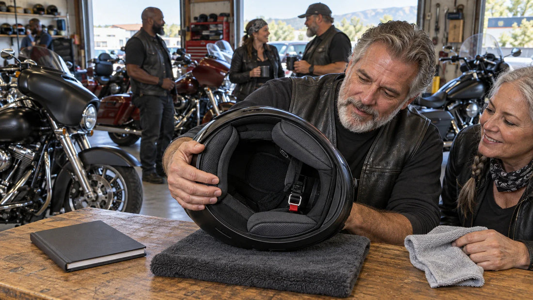 Motorcycle helmet with fixed comfort padding beside a soft cloth and its care manual with mature club riders and multiple unbranded heavyweight V-twin cruisers.