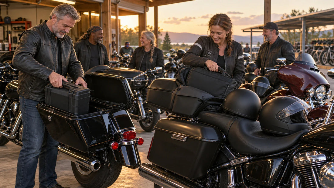 Two motorcycle riders packing a tool case and office satchel after work with mature club riders and multiple unbranded heavyweight V-twin cruisers.