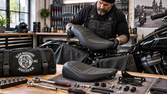 Black Marauders editorial scene illustrating motorcycle seat installation planning, model fitment, brackets, hardware, electrical connections, tools, clearance and final safety checks: featured.