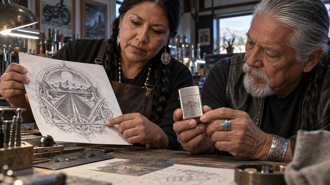 Designer and rider comparing a detailed club motif with a simplified engraving on an unbranded flip-top lighter.