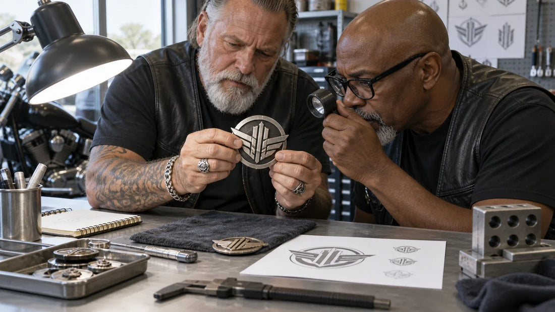 Two club organizers checking small badge lettering and color cells on an actual-size sample with a magnifier.