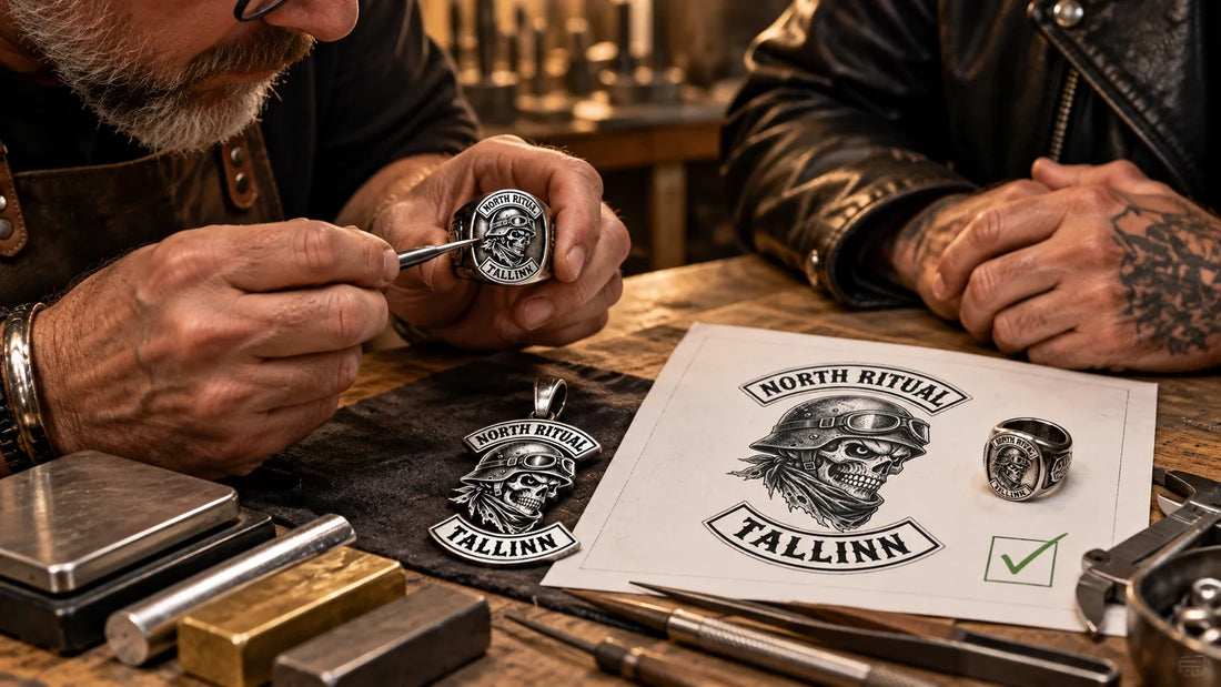 North Ritual editorial scene illustrating planning custom motorcycle club jewelry through authorized artwork, readable scale, material disclosure, construction, sizing, samples and written production approval: featured.