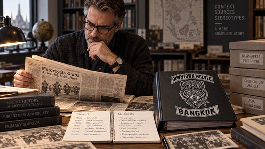 Downtown Wolves editorial scene illustrating researching outlaw motorcycle club history through dated primary sources, regional context and careful terminology while separating documented events from entertainment stereotypes: featured.