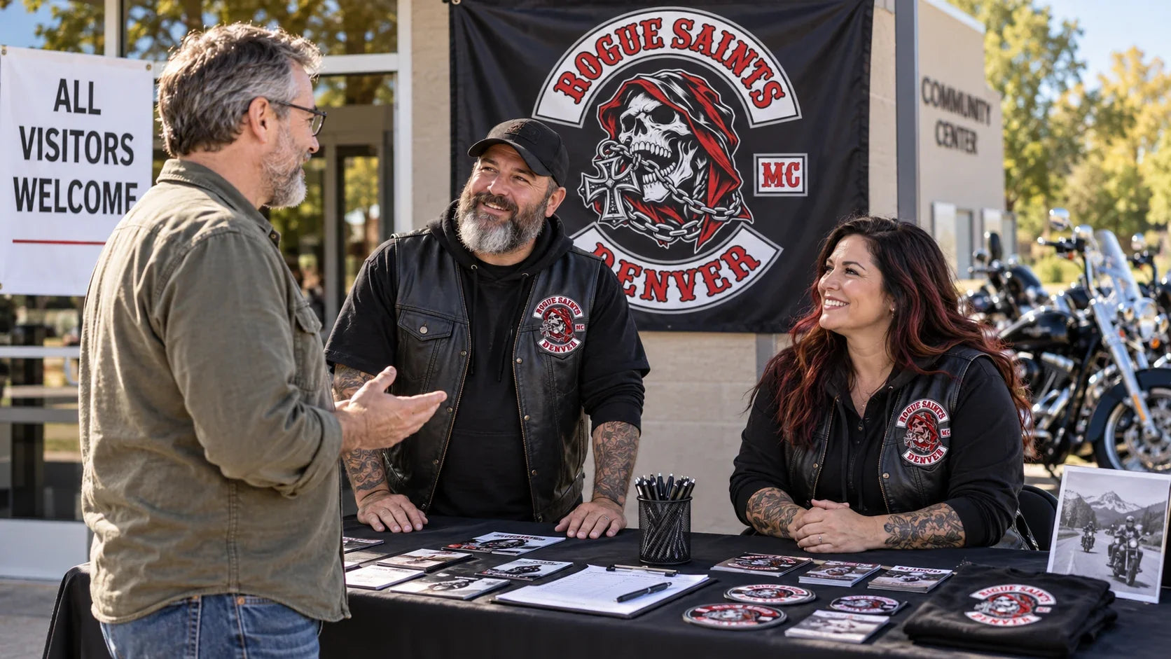 A visitor speaks with motorcycle club hosts at an open community event displaying an authorized Rogue Saints banner.