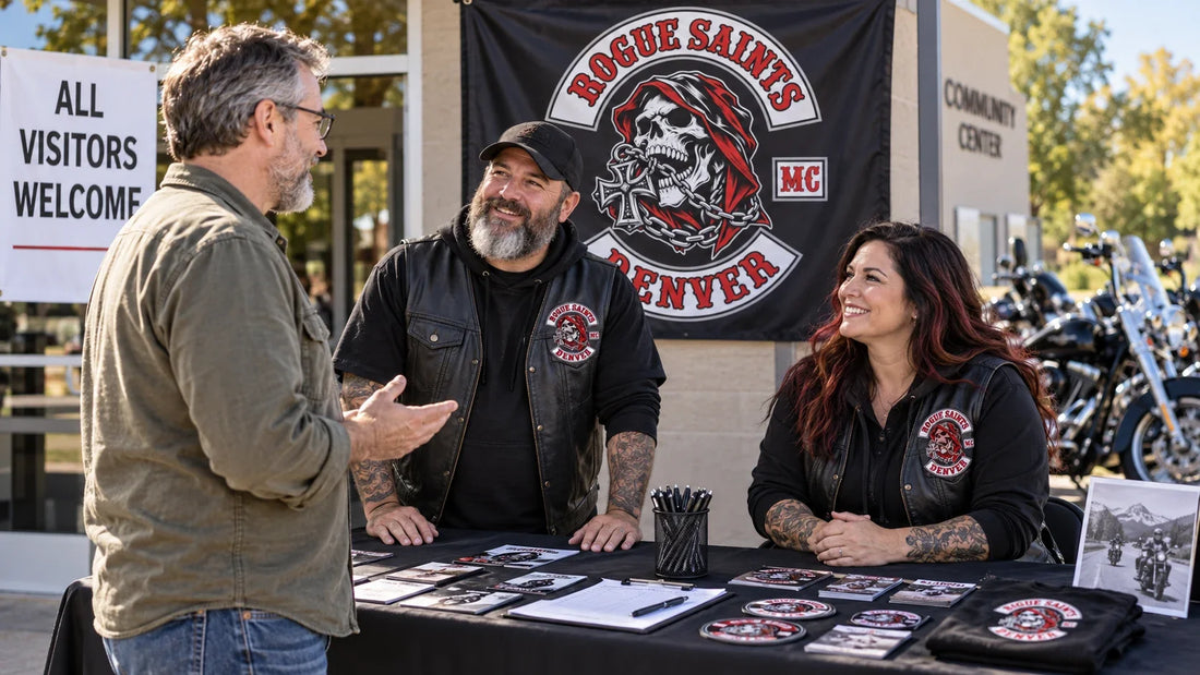 A visitor speaks with motorcycle club hosts at an open community event displaying an authorized Rogue Saints banner.