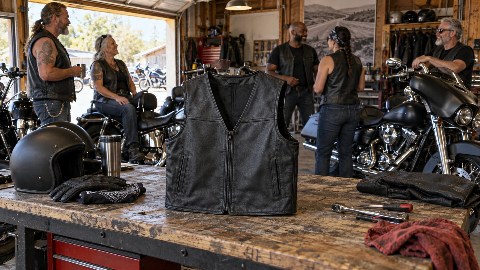Plain black motorcycle rider cut displayed with gloves and a helmet on a garage preparation bench with mature club riders and multiple unbranded heavyweight V-twin cruisers.