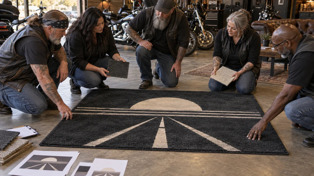 Motorcycle-club organizers review custom clubhouse rug samples for Printed or Tufted Clubhouse Rugs? Match the Construction to the Artwork.