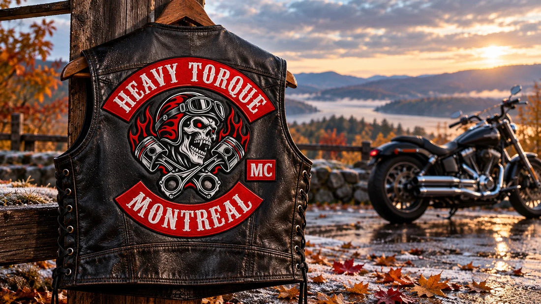 Veste Heavy Torque Montreal près d’une moto V-twin sur une aire mouillée couverte de feuilles d’automne et de givre.