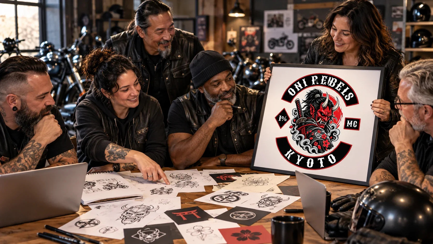 Oni Rebels editorial scene illustrating original motorcycle team naming ideas, availability checks and responsible identity selection: featured.