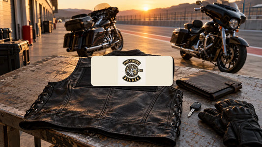 Mesa de preparación de ruta con chaleco y etiqueta bordada del moto club Steel Vultures Bilbao antes de un fin de semana mototurístico en Valencia.