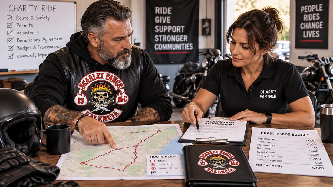 Scarlet Fangs editorial scene illustrating planning a motorcycle club charity ride with beneficiary authorization, transparent finances, permits, route safety, volunteer roles, accessibility and post-event reporting: featured.