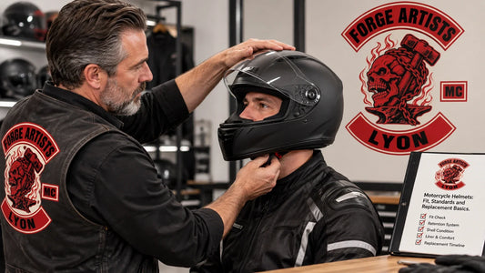 Forge Artists editorial scene illustrating choosing and maintaining a motorcycle helmet by checking applicable certification, correct fit, retention, compatibility, condition and manufacturer replacement guidance: featured.
