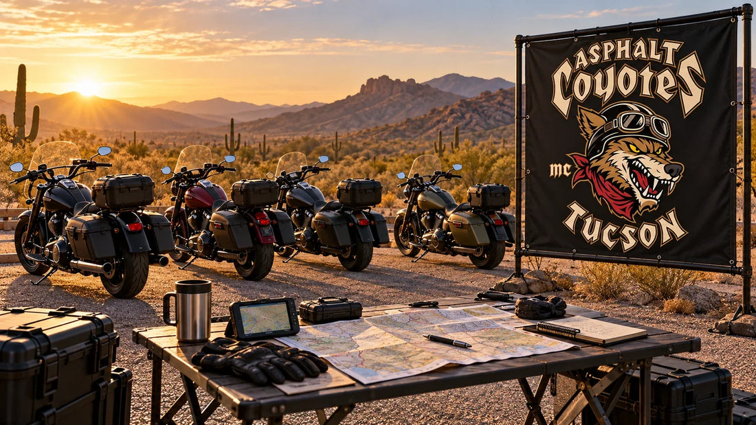 Asphalt Coyotes Tucson motorcycle club border-trip staging area with a logo banner, V-twin cruisers and travel cases in the Sonoran Desert.