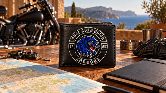 Cartera de motoclub Free Road Union en una mesa de planificación para verificar la inscripción de la Ruta Motera Mallorca 2026.