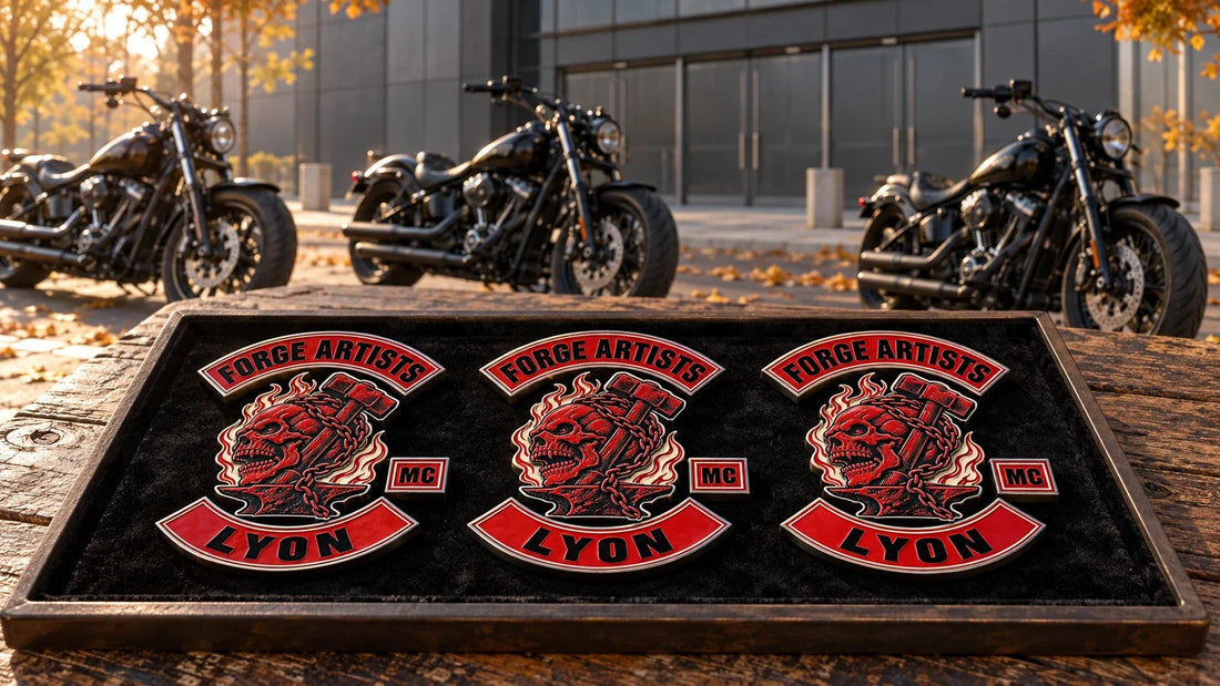 Forge Artists Lyon motorcycle club metal badges prepared at an arrival table outside a French motorcycle exhibition venue.