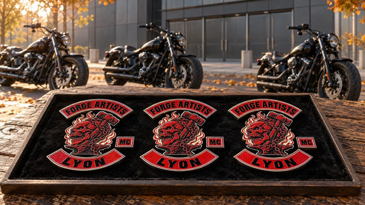 Forge Artists Lyon motorcycle club metal badges prepared at an arrival table outside a French motorcycle exhibition venue.