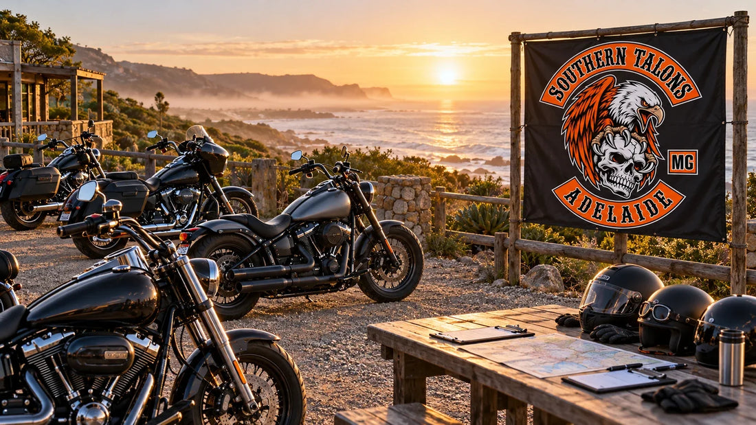Southern Talons Adelaide motorcycle club mass-ride muster area with a logo banner and parked V-twin cruisers near the South African coast.