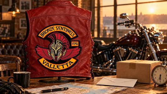 Bronze Sentinels Valletta motorcycle club logo integrated within the central back panel of a red leather vest at the Star Bikers Toy Run start