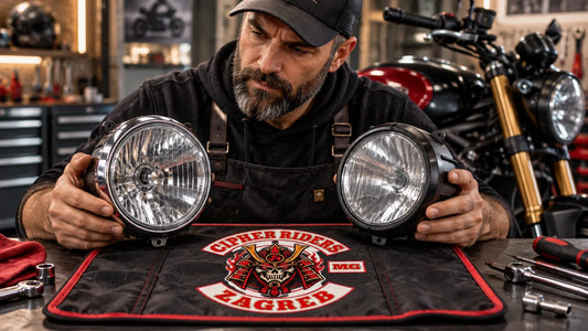 Cipher Riders editorial scene illustrating stock and aftermarket motorcycle lighting fitment, beam pattern, electrical load and legality: featured.