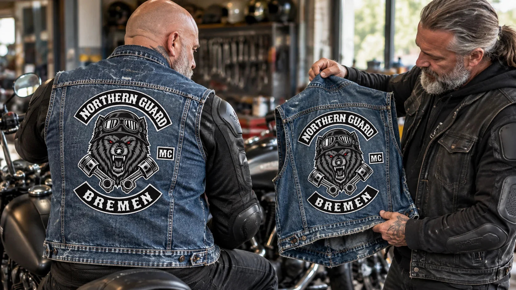 Northern Guard editorial scene illustrating denim motorcycle vests, layering, storage, identity, patch placement, comfort and protection limitations: featured.
