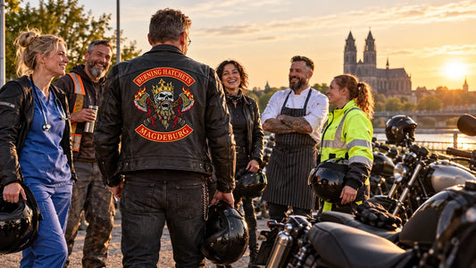 Burning Hatchets editorial scene illustrating the varied jobs and everyday lives of motorcyclists, avoiding stereotypes and respecting privacy: featured.