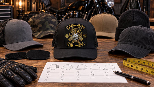 Odin Hammers editorial scene illustrating custom motorcycle club hat buying, quantities, sizing, samples, logo files, materials, production and distribution: featured.