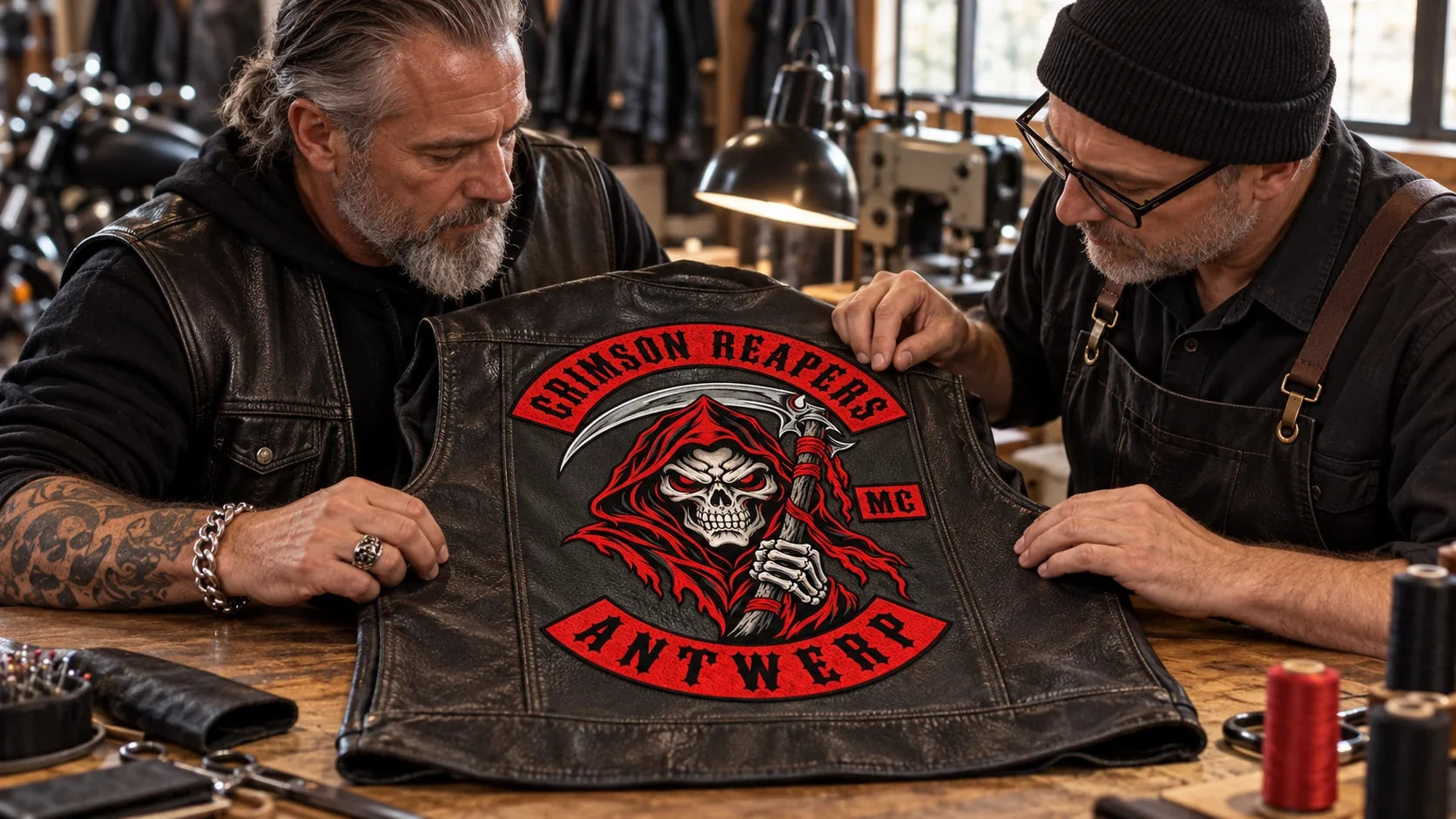 Crimson Reapers editorial scene illustrating motorcycle club vest construction, identity and permission: featured.