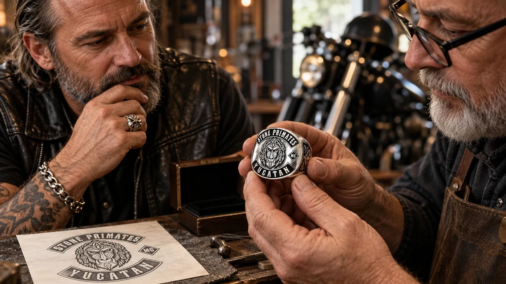 Stone Primates editorial scene illustrating reasons riders wear biker rings, personal meaning and craft: featured.