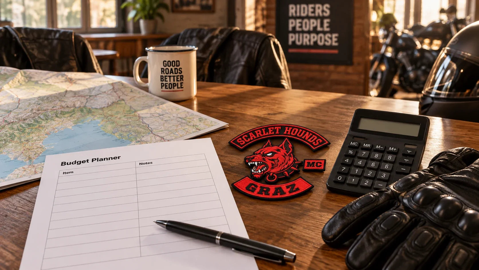 Scarlet Hounds editorial scene illustrating motorcycle club membership costs, dues, events, travel, apparel, transparency, consent and personal budgeting: featured.