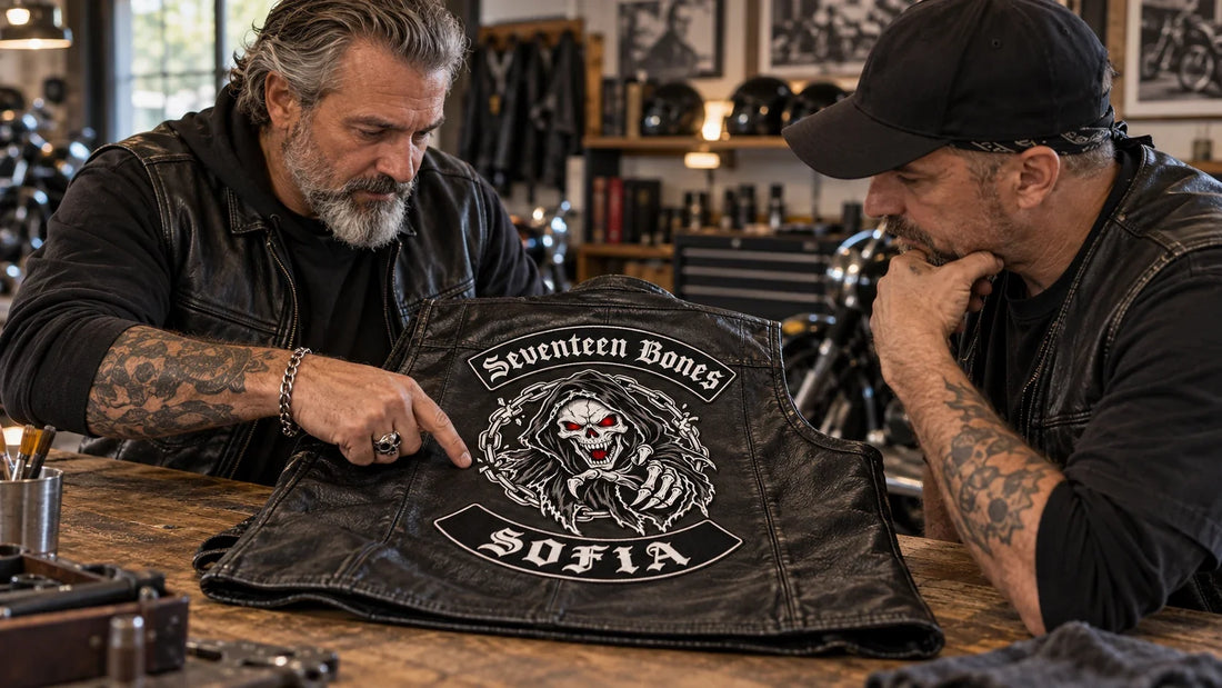 Seventeen Bones editorial scene illustrating motorcycle vest construction, patch placement, context and respectful interpretation: featured.