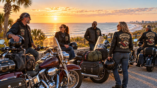 Asphalt Coyotes motorcycle club members wearing custom logo vests beside packed V-twin touring motorcycles on the Florida Gulf Coast