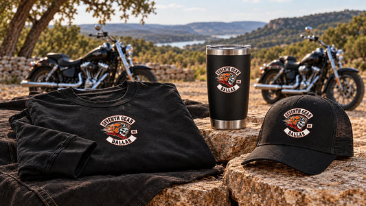 Seventh Gear Dallas motorcycle club shirt, tumbler and cap arranged for a TouraTexas rally session-readiness briefing.