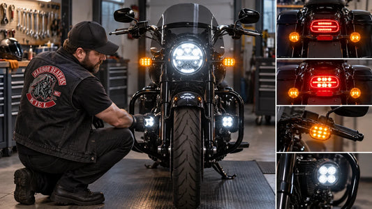 Harbor Reapers editorial scene illustrating motorcycle headlights, auxiliary lights, fog lights, turn signals, brake lights, accent lighting, aiming and legal use: featured.