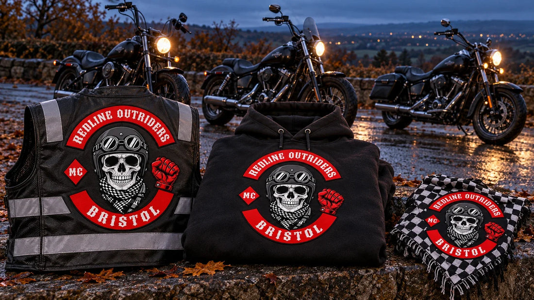 Redline Outriders Bristol motorcycle club night-ride briefing gear beside unbranded V-twin cruisers at a British autumn lay-by.