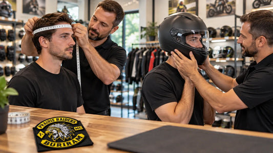 Prairie Raiders editorial scene illustrating motorcycle helmet measurement, head shape, pressure checks, retention, vision, break-in and replacement decisions: featured.