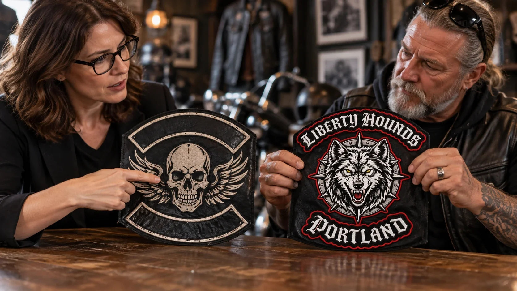 Liberty Hounds editorial scene illustrating fictional television motorcycle-club patches and real-world etiquette: featured.