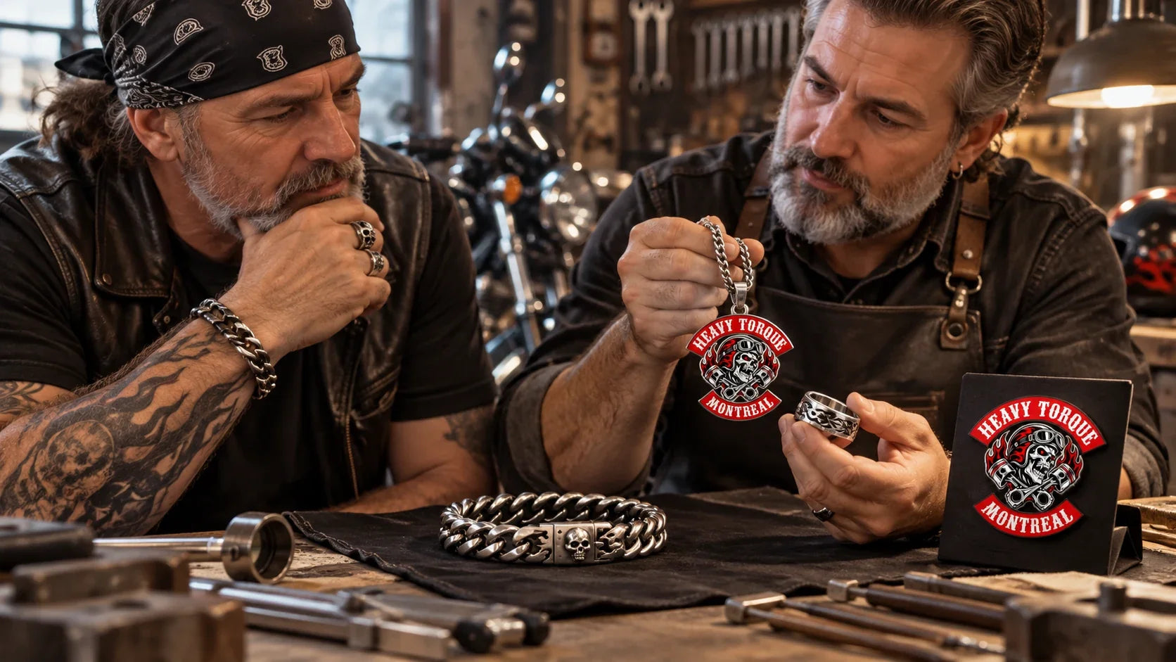 Heavy Torque editorial scene illustrating biker jewelry materials, fit, riding safety and respectful use of club symbols: featured.
