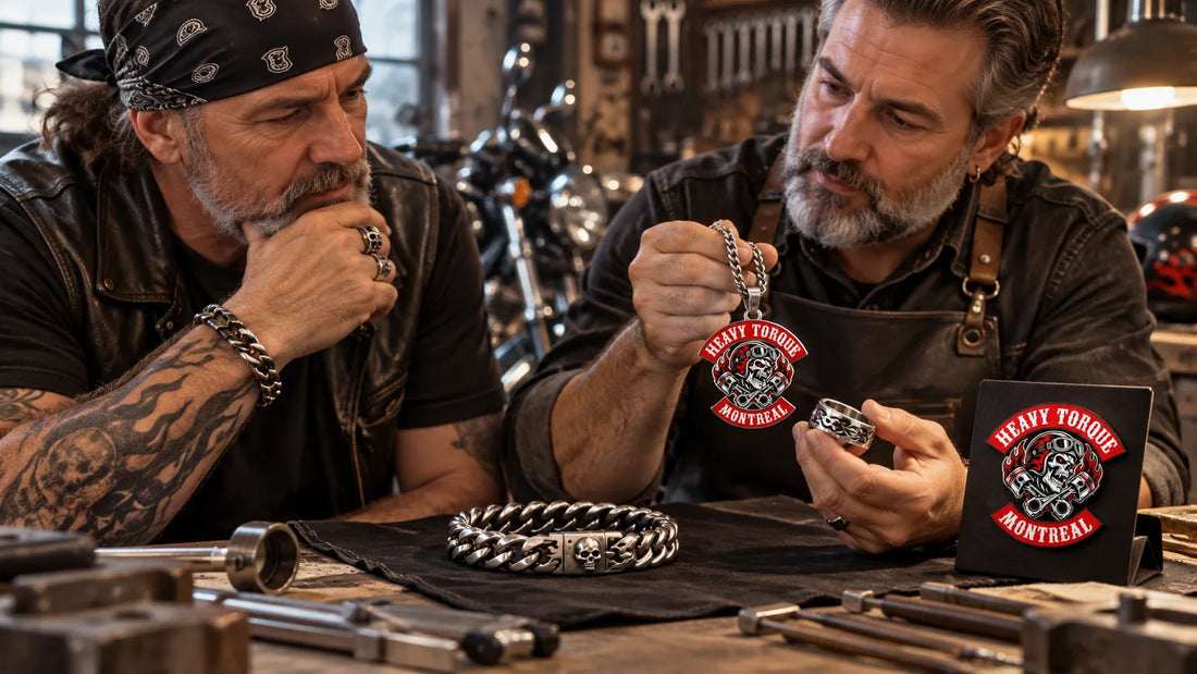 Heavy Torque editorial scene illustrating biker jewelry materials, fit, riding safety and respectful use of club symbols: featured.