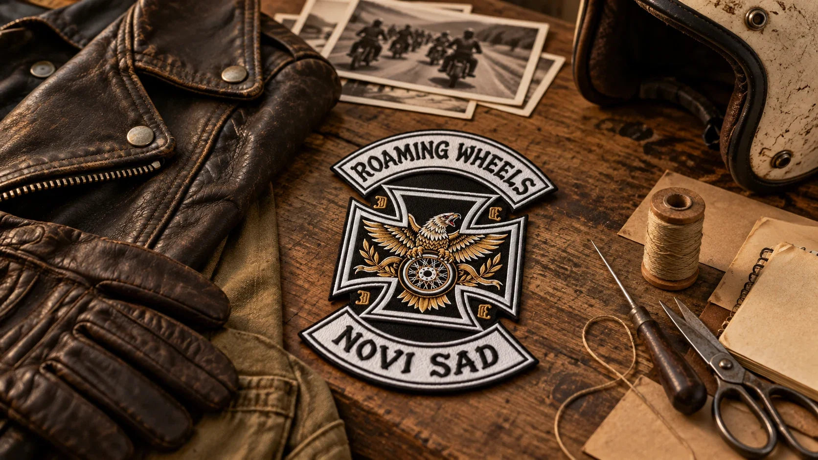 Roaming Wheels editorial scene illustrating the documented history of biker patches, club identity, community, changing public symbolism and respectful interpretation: featured.