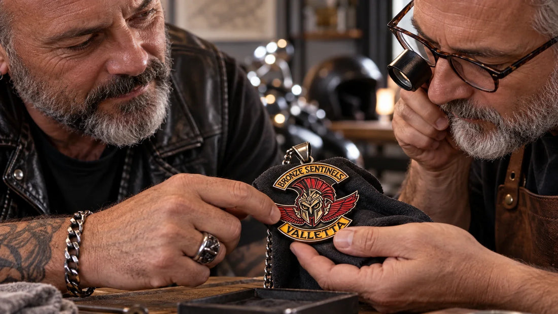 Bronze Sentinels editorial scene illustrating biker pendant symbols: featured.