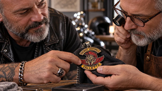 Bronze Sentinels editorial scene illustrating biker pendant symbols: featured.
