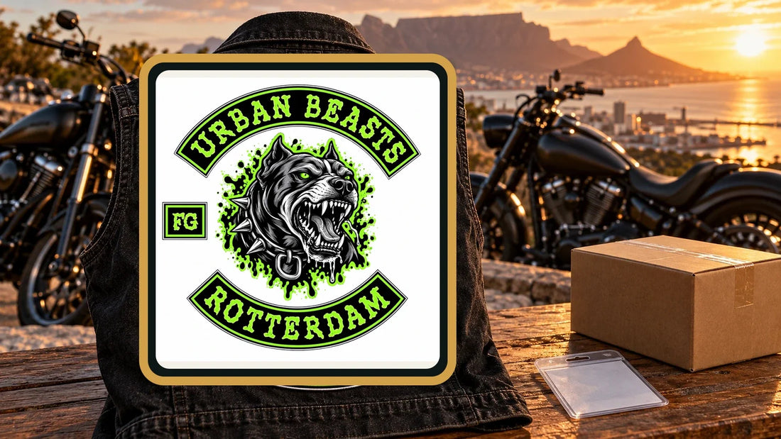 Urban Beasts Rotterdam exact authorized club logo mounted on a black motorcycle club vest beside Toy Run registration materials.