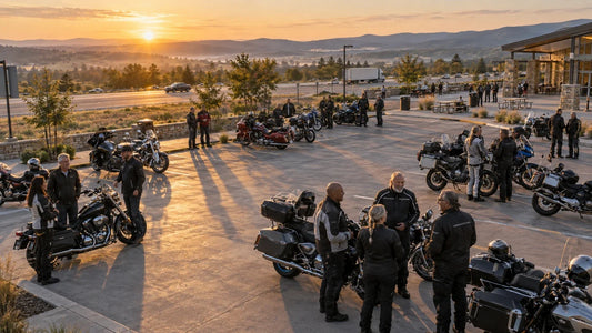 Several unbranded motorcycle riding groups gathering separately at a large American highway rest stop.