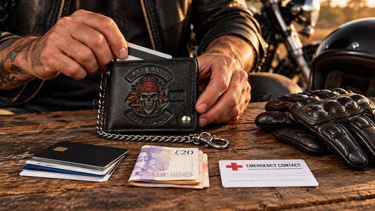 Black Harbor editorial scene illustrating compact motorcycle wallet packing and document organization: featured.